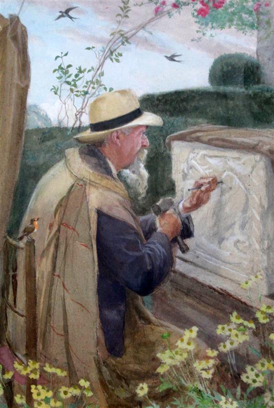May Furniss (Mrs W. Shackleton) Exh.1898-1940 William Shackleton in his garden carving a sculpture 18.5 x 13in.